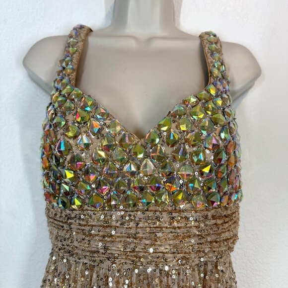 La Femme Gown Beaded Dress Gold Sequin Rhinestone Evening Tall 6 - Picture 8 of 17
